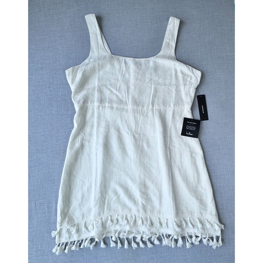Lulus White Linen Blend Dress XL NWT Tassel Hem Sleeveless Beach Resort Mini